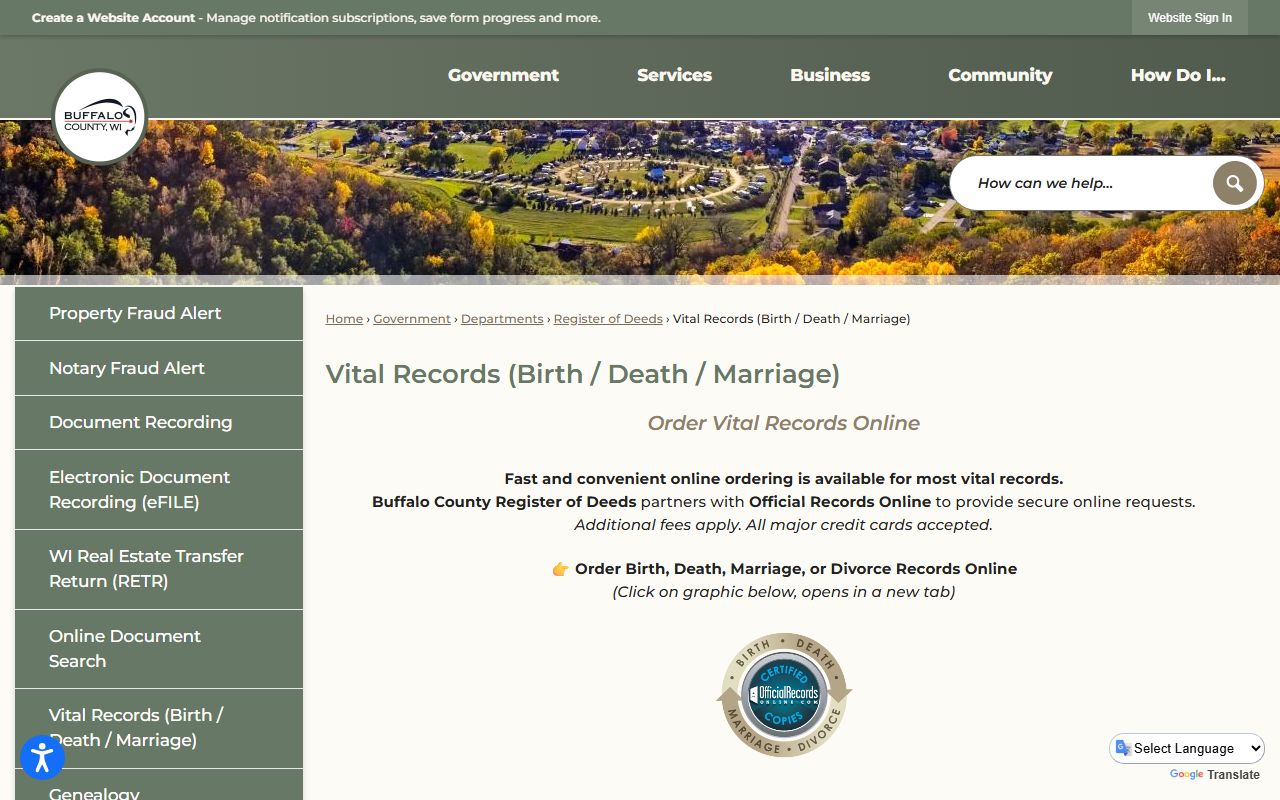 Buffalo County marriage records register of deeds page