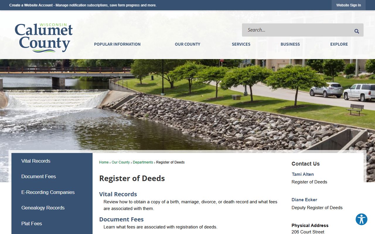 Calumet County marriage records register of deeds page