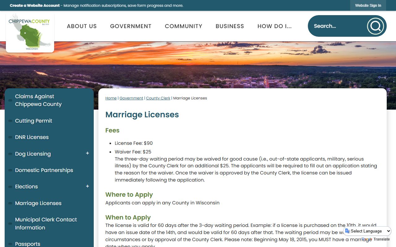 Chippewa County marriage records county clerk license page