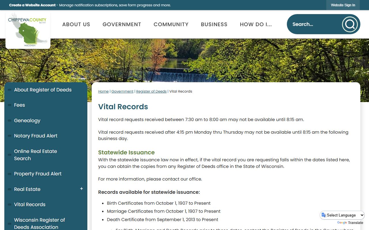 Chippewa County marriage records vital records page