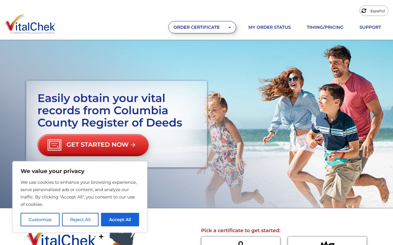 Columbia County marriage records VitalChek ordering page