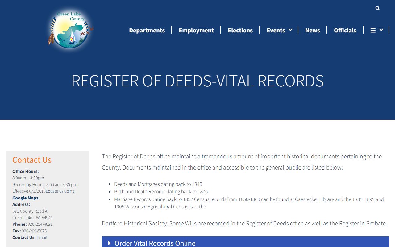 Green Lake County marriage records official register of deeds page