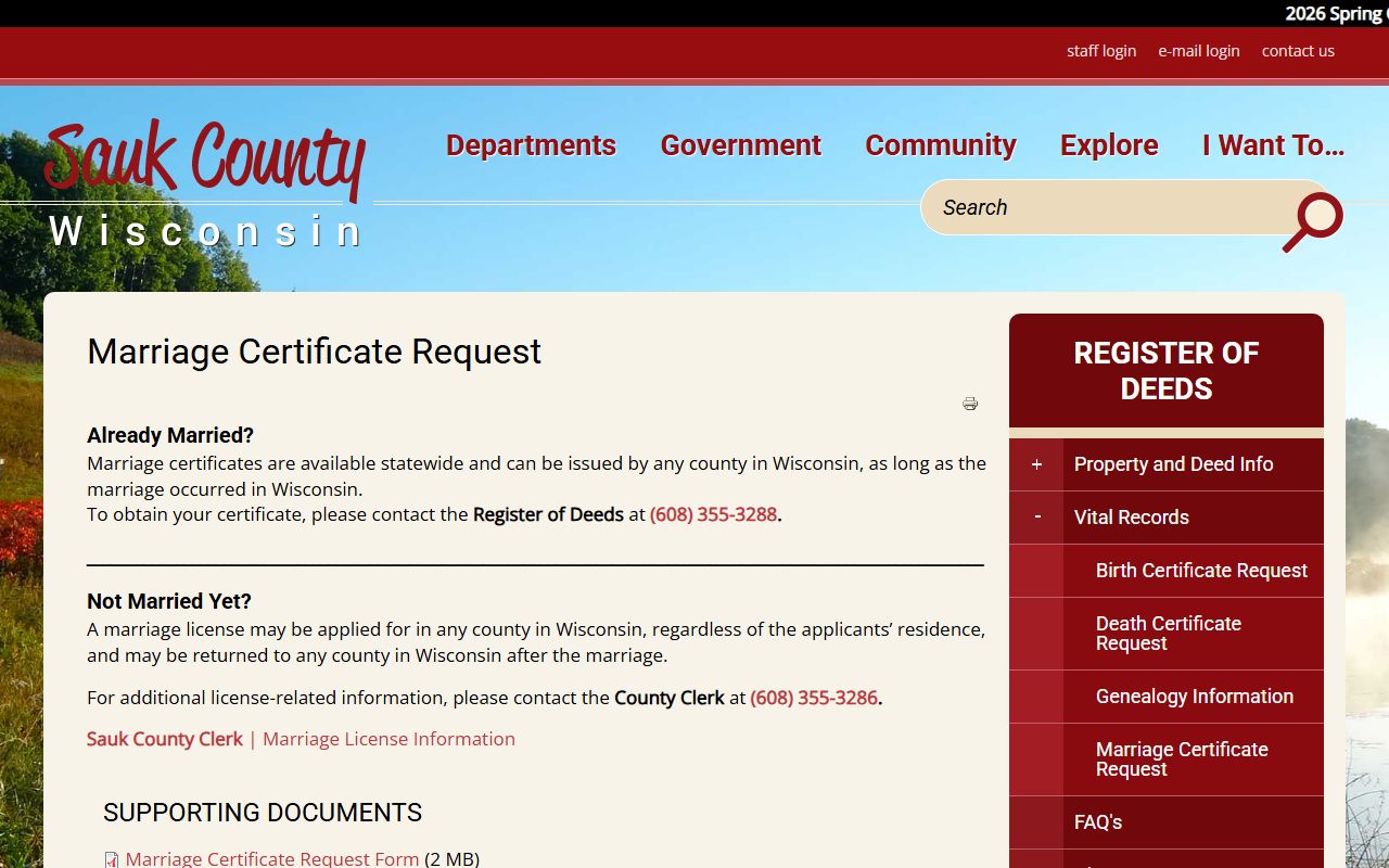 Sauk County marriage records certificate request page