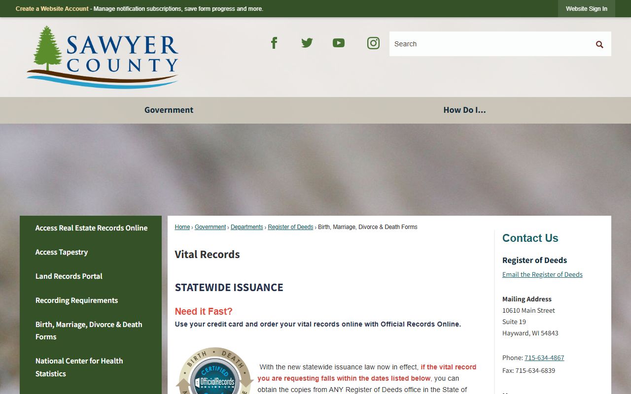 Sawyer County marriage records register of deeds request page
