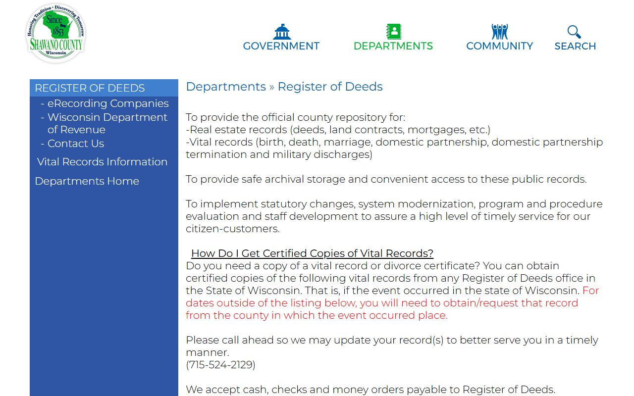 Shawano County marriage records register of deeds office
