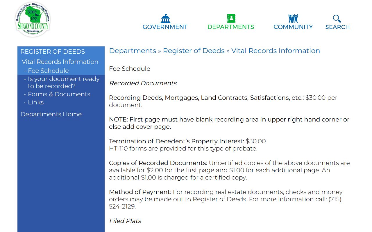 Shawano County marriage records clerk and vital records page