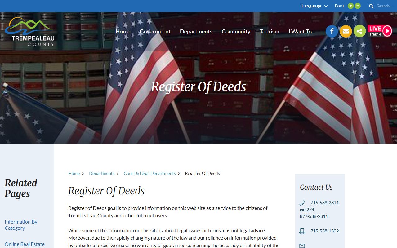 Trempealeau County marriage records Register of Deeds page