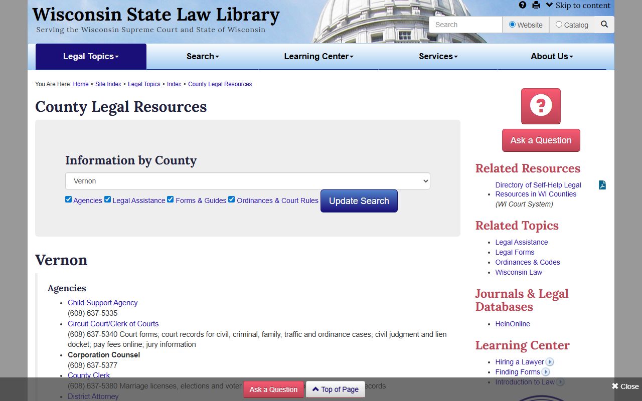 Vernon County marriage records law library directory
