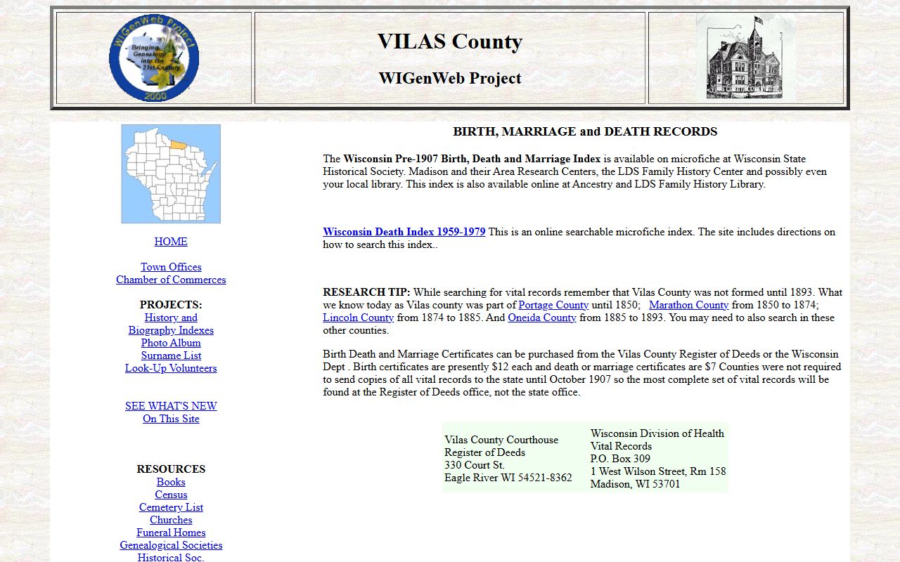 Vilas County marriage records historical guide