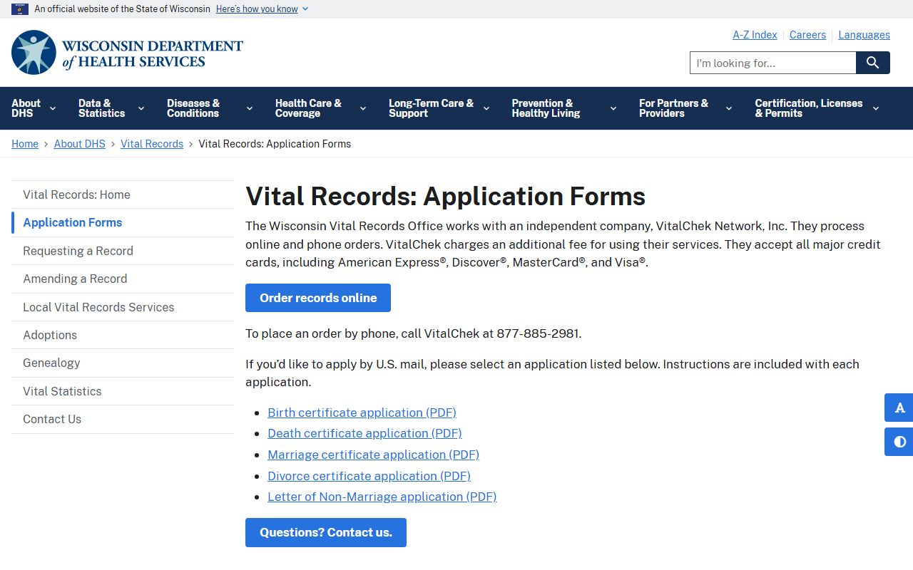Wisconsin Marriage Records application forms
