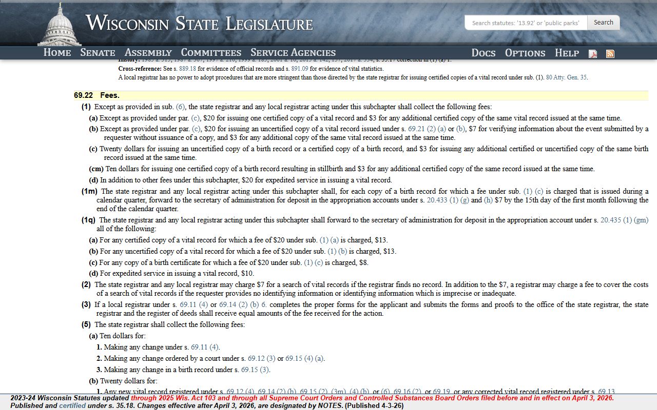Wisconsin Marriage Records fee statute