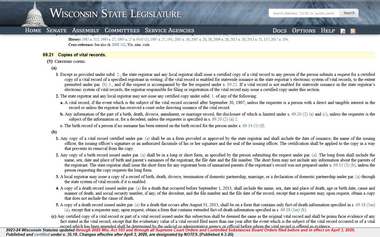 Wisconsin Marriage Records copy issuance statute