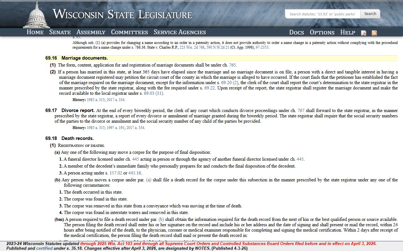 Wisconsin Marriage Records registration statute